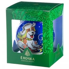 Стеклянный елочный шар Зодиак - Пес на санках 8 см синий Фабрика Елочка фото 2
