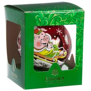 Стеклянный елочный шар Зодиак - Свинья на санках 8 см красный Фабрика Елочка фото 2