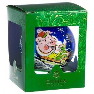 Стеклянный елочный шар Зодиак - Свинья на санках 8 см синий Фабрика Елочка фото 2