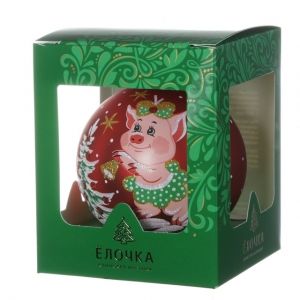Стеклянный елочный шар Зодиак - Леди Свинка с колокольчиком 8 см красный матовый Фабрика Елочка фото 2