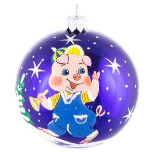Стеклянный елочный шар Зодиак - Веселый Поросенок с колокольчиком 8 см фиолетовый Фабрика Елочка фото 1