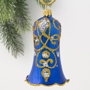 Стеклянная елочная игрушка Колокольчик Вензель 8 см синий, подвеска