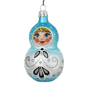 Стеклянная елочная игрушка Ажурная Матрешка 9 см, голубая, подвеска Фабрика Елочка фото 1