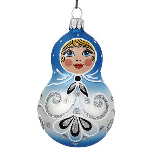 Стеклянная елочная игрушка Ажурная Матрешка 9 см, синяя, подвеска Фабрика Елочка фото 1
