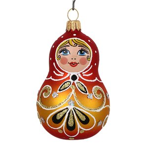 Стеклянная елочная игрушка Ажурная Матрешка 9 см, золотая, подвеска