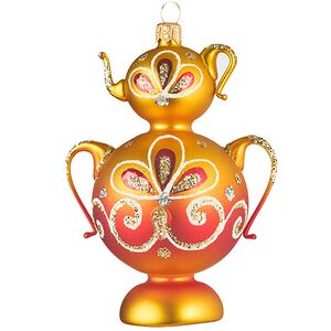 Стеклянная елочная игрушка Самоварчик Ажурный 11 см красно-золотой, подвеска