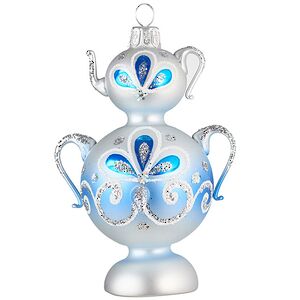 Стеклянная елочная игрушка Самоварчик Ажурный 11 см синяя, подвеска