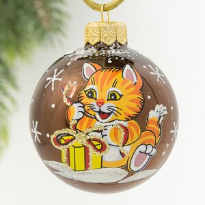 Стеклянный елочный шар Зодиак - Кот с гостинцем 6 см шоколадный