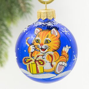 Стеклянный елочный шар Зодиак - Кот с гостинцем 6 см синий