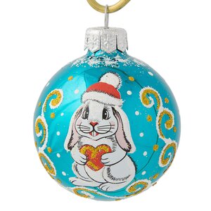 Стеклянный елочный шар Зодиак - Кролик с сердечком 60 мм бирюзовый