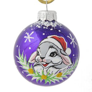 Стеклянный елочный шар Зодиак - Кролик в шапочке 60 мм фиолетовый