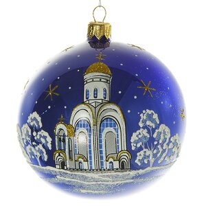 Стеклянный елочный шар Храм 9 см синий