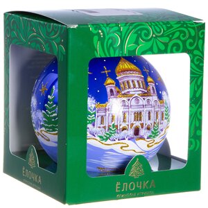 Стеклянный елочный шар Русь 11 см синий Фабрика Елочка фото 2