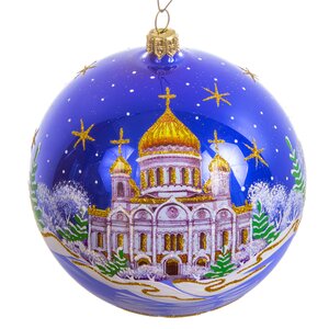 Стеклянный елочный шар Русь 11 см синий