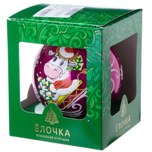 Стеклянный елочный шар Зодиак - Бычок на санках 9 см вишневый Фабрика Елочка фото 2