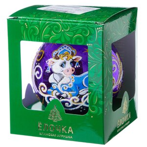 Стеклянный елочный шар Зодиак - Коровка Снегурочка 9 см фиолетовый Фабрика Елочка фото 2