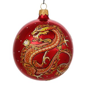 Стеклянный елочный шар Зодиак - Дракон с жемчужиной 9 см красный