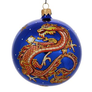 Стеклянный елочный шар Зодиак - Дракон с жемчужиной 9 см синий