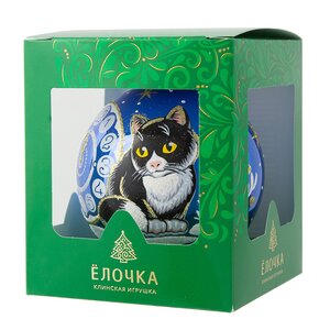 Стеклянный елочный шар Зодиак - Кот и часы 9 см синий Фабрика Елочка фото 2