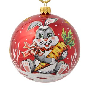 Стеклянный елочный шар Зодиак - Кролик с морковкой 9 см красный