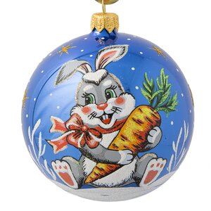 Стеклянный елочный шар Зодиак - Кролик с морковкой 95 мм синий