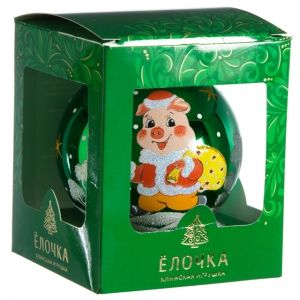Стеклянный елочный шар Зодиак - Поросенок с мешком подарков 9 см зеленый Фабрика Елочка фото 2