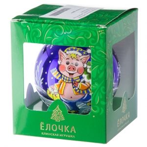 Стеклянный елочный шар Зодиак - Хрюня с елочкой 9 см фиолетовый Фабрика Елочка фото 2