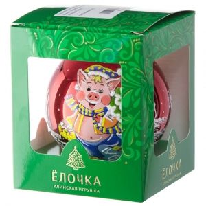 Стеклянный елочный шар Зодиак - Хрюня с елочкой 9 см красный Фабрика Елочка фото 2