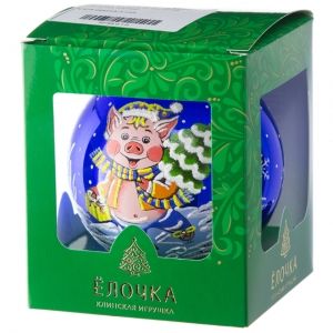 Стеклянный елочный шар Зодиак - Хрюня с елочкой 9 см синий Фабрика Елочка фото 2