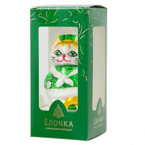 Стеклянная елочная игрушка Кошечка 8.5 см зеленая, подвеска Фабрика Елочка фото 2