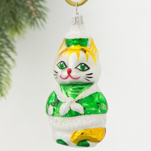 Стеклянная елочная игрушка Кошечка 8.5 см зеленая, подвеска