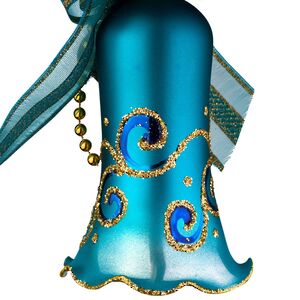 Елочная игрушка Колокольчик Праздничный 9 см бирюзовая, стекло Фабрика Елочка фото 4