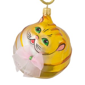 Стеклянная елочная игрушка Кот 8 см золотой, подвеска