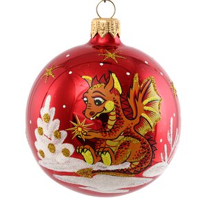 Стеклянный елочный шар Зодиак - Дракон со звездой 7 см красный