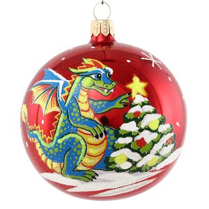 Стеклянный елочный шар Зодиак - Дракон у елки 7 см красный