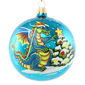 Стеклянный елочный шар Зодиак - Дракон у елки 7 см синий