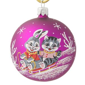 Стеклянный елочный шар Зодиак - Кролик и Кот на санках 75 мм вишневый