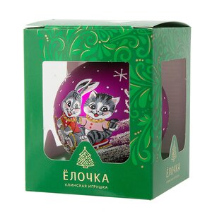 Стеклянный елочный шар Зодиак - Кролик и Кот на санках 7 см вишневый Фабрика Елочка фото 2