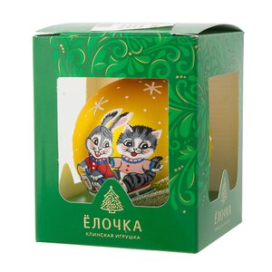 Стеклянный елочный шар Зодиак - Кролик и Кот на санках 7 см золотой Фабрика Елочка фото 2