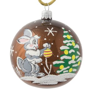 Стеклянный елочный шар Зодиак - Кролик у Елочки 7 см шоколадный