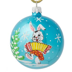 Стеклянный елочный шар Зодиак - Кролик Емеля с гармошкой 7 см бирюзовый