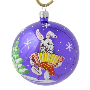 Стеклянный елочный шар Зодиак - Кролик Емеля с гармошкой 75 мм фиолетовый