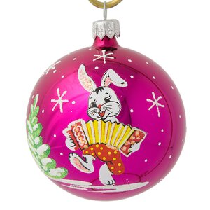 Стеклянный елочный шар Зодиак - Кролик Емеля с гармошкой 7 см вишневый