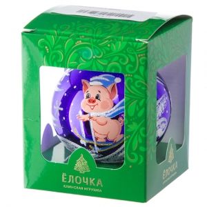 Стеклянный елочный шар Зодиак - Поросенок на Лыжах 7 см фиолетовый Фабрика Елочка фото 2