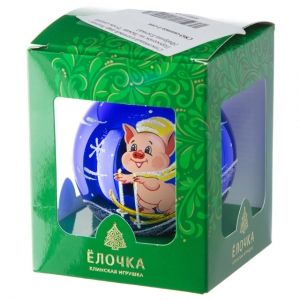 Стеклянный елочный шар Зодиак - Поросенок на Лыжах 7 см синий Фабрика Елочка фото 2