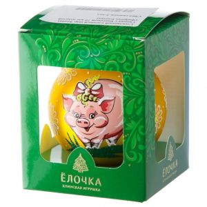 Стеклянный елочный шар Зодиак - Свинка с Бантиком 7 см золотой Фабрика Елочка фото 2