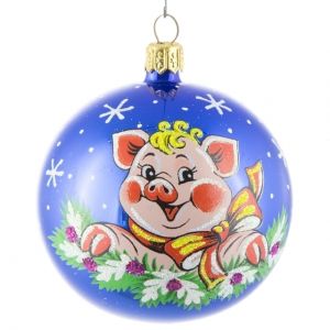 Стеклянный елочный шар Зодиак - Новогодняя Хрюшка 7 см синий Фабрика Елочка фото 1