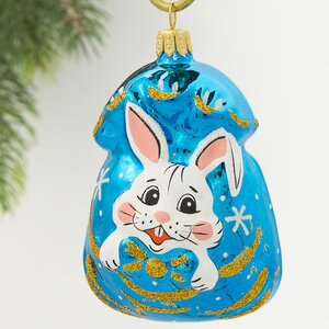 Стеклянная елочная игрушка Подарок - Кролик 8.5 см синий, подвеска