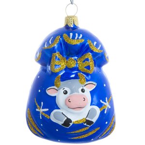 Стеклянная елочная игрушка Бык Подарок 8.5 см синий, подвеска Фабрика Елочка фото 1