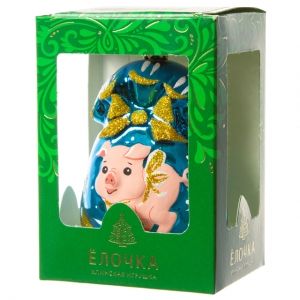 Стеклянная елочная игрушка Подарок - Свинья 8.5 см голубой, подвеска Фабрика Елочка фото 2